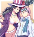  0aoiurn0 1boy 1girl alvida bikini bikini_top black_hair blue_scarf border bracelet breasts brown_background cleavage club coby commentary_request earrings epaulettes frown goggles goggles_on_head grey_eyes hat headband height_difference holding holding_weapon jacket jewelry large_breasts lipstick long_hair looking_at_another makeup military military_uniform nail_polish necklace one_piece open_clothes open_jacket pink_hair plume purple_jacket red_lips red_nails scar_on_forehead scarf shirt spiked_club striped striped_headwear swimsuit uniform upper_body weapon white_bikini white_border white_shirt 
