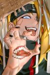  1boy black_headband black_nails blonde_hair blue_eyes commentary_request deidara eyelashes hand_mouth hand_up headband highres jewelry keki_chogyegi korean_commentary long_hair looking_at_viewer male_focus nail_polish naruto_(series) naruto_shippuuden open_mouth ring solo teeth tongue tongue_out 