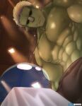  1boy abs bara brown_pants bulge colored_skin fangs from_below green_skin highres large_pectorals looking_down male_focus mature_male monster_boy muscular muscular_male navel nipples orc pants rigurudo_(tensei_shitara_slime_datta_ken) rimuru_tempest shirtless short_hair slime_(substance) slime_boy solo_focus stomach tensei_shitara_slime_datta_ken tofuboyz white_hair 