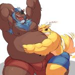  anthro armpit_hair belly big_belly blue_hair blush body_hair brown_body bulge canid canine canis chest_hair clothing domestic_dog duo fur hair heard hi_res horn hug male male/male mammal mordechai nipple_piercing nipples overweight overweight_anthro overweight_male piercing rhinocerotoid simple_background smile text underwear vitashi white_background yellow_body yellow_fur 