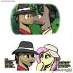 amber_eyes biff_(mlp) blue_eyes blush caballeron_(mlp) clothing duo equid equine eye_patch eyewear face_to_face fedora feral five_o&#039;clock_shadow fluttershy_(mlp) friendship_is_magic green_eyes hasbro hat headgear headwear horse jcosneverexisted male mammal my_little_pony pony touching_face 