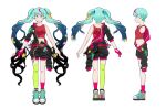  alternate_costume bangs black_hair black_jumpsuit blue_hair character_sheet crescent crescent_hair_ornament from_behind from_side gloves gradient_hair hair_behind_ear hair_ornament hatsune_miku jumpsuit keenbiscuit multicolored_hair off_shoulder open_hands pink_gloves planet_hair_ornament red_tank_top shoes single_glove single_thighhigh smile sneakers star_(sky) tank_top thighhighs twintails vocaloid white_background 