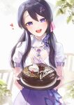  1girl :d amethyst_(gemstone) asymmetrical_bangs bangs bead_necklace beads black_hair blush breasts cake chocolate_cake cleavage_cutout clothing_cutout commentary_request day eyebrows_visible_through_hair food hair_ribbon highres holding holding_plate hu_kotora jewelry leaf long_hair looking_at_viewer medium_breasts necklace open_mouth original pink_nails pink_ribbon plate purple_eyes purple_skirt ribbon scarf shirt short_sleeves signature skirt smile solo teeth upper_teeth valentine white_scarf white_shirt 