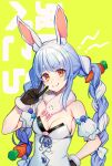  1girl animal_ear_fluff animal_ears arm_up armpits bangs black_gloves blue_hair bow braid breasts bunny-shaped_pupils bunny_ears carrot carrot_hair_ornament detached_sleeves don-chan_(usada_pekora) dress eyebrows_visible_through_hair food_themed_hair_ornament fur_scarf fur_trim gloves hair_between_eyes hair_bow hair_ornament highres hololive leotard long_hair looking_at_viewer multicolored_hair orange_eyes pom_pom_(clothes) puffy_short_sleeves puffy_sleeves rabbit_girl short_dress short_eyebrows short_sleeves simple_background solo strapless strapless_dress thick_eyebrows twin_braids two-tone_hair upper_teeth usada_pekora v virtual_youtuber white_background white_bow white_dress white_hair yuura 