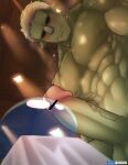  1boy abs bar_censor bara blush censored colored_skin completely_nude fangs from_below green_skin highres large_pectorals looking_down male_focus male_pubic_hair mature_male monster_boy muscular muscular_male navel nipples nude orc penis pubic_hair rigurudo_(tensei_shitara_slime_datta_ken) rimuru_tempest short_hair slime_(substance) slime_boy solo_focus stomach tensei_shitara_slime_datta_ken testicles tofuboyz veins veiny_penis white_hair 