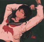  1girl black_hair blouse breasts closed_eyes digital_media_player earbuds earphones grass lying messy_hair mole mole_under_eye neckerchief on_back original red_neckwear sailor_collar school_uniform serafuku sleeping small_breasts solo upper_body white_blouse xilmo 