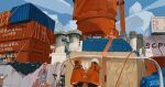  2girls brown_hair chinese_text cloud container_ship dated english_text helmet highres jacket ladder multiple_girls multiple_others orange_headwear orange_jacket original railing ship shipping_container signature smokestack watercraft white_headwear wide_shot writing xilmo 