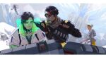  1girl 2boys 2gou apex_legends black_gloves black_hair commission crypto_(apex_legends) cyborg double_bun drone facial_hair fingerless_gloves gloves goggles goggles_on_head green_sleeves grey_jacket gun hack_(apex_legends) highres holding holding_gun holding_weapon holographic_interface jacket jewelry lifeline_(apex_legends) looking_down mirage_(apex_legends) multiple_boys necklace one_eye_closed parted_hair pointing pointing_at_self science_fiction skeb_commission stubble weapon white_hair 