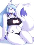  anthro blue_eyes blue_hair blush breasts canid canine cat_lingerie cleavage clothed clothing female fur hair hi_res lingerie mammal panties side-tie_panties solo takeshi_kemo underwear white_body white_fur 