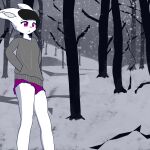  absurd_res anthro black_hair bottomwear canid canine clothed clothing crossdressing fennec fox fur girly hair hi_res hill jumper male mammal plant shorts snow snowing solo solo_focus tree white_body white_fur 