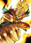  1boy absurdres amputee blonde_hair dougi dragon_ball dragon_ball_z fighting_stance foreshortening green_eyes highres huge_filesize incoming_attack looking_at_viewer male_cleavage male_focus muscular muscular_male older orange_pants orange_shirt punching scar scar_across_eye shirt solo son_gohan_(future) spiked_hair studio_viga torn_clothes torn_shirt 