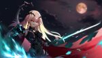  1girl absurdres alternate_costume braid breasts cloak cloud cloudy_sky eyebrows_visible_through_hair girls_frontline hair_ornament highres holding holding_sword holding_weapon long_hair looking_away moon negev_(girls_frontline) night night_sky open_mouth pink_hair priest77 red_cloak red_eyes sky smirk solo sword weapon 