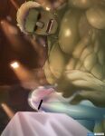  1boy abs bar_censor bara blush censored colored_skin completely_nude fangs from_below grabbing green_skin highres large_pectorals looking_down male_focus male_pubic_hair mature_male monster_boy motion_blur muscular muscular_male navel nipples nude open_mouth orc penis pubic_hair rigurudo_(tensei_shitara_slime_datta_ken) rimuru_tempest sex short_hair slime_(substance) slime_boy solo_focus stomach sweat tensei_shitara_slime_datta_ken testicles tofuboyz veins veiny_penis white_hair 