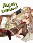  1girl absurdres black_legwear blonde_hair blush boots bow bowtie breasts christmas controller dress eyebrows_visible_through_hair girls_frontline green_eyes hair_bow hair_ornament highres holding holding_controller long_hair looking_at_viewer medium_breasts merry_christmas nintendo_switch one_eye_closed open_mouth pantyhose priest77 red_bow red_dress red_footwear red_neckwear rfb_(girls_frontline) santa_dress simple_background sitting solo 