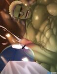  1boy abs bar_censor bara blush censored colored_skin completely_nude cum ejaculation fangs from_below green_skin highres large_pectorals looking_down male_focus male_pubic_hair mature_male monster_boy muscular muscular_male navel nipples nude orc penis projectile_cum pubic_hair rigurudo_(tensei_shitara_slime_datta_ken) rimuru_tempest short_hair slime_(substance) slime_boy solo_focus stomach sweat tensei_shitara_slime_datta_ken testicles tofuboyz veins veiny_penis white_hair 