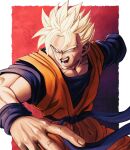  1boy absurdres amputee blonde_hair cowboy_shot dougi dragon_ball dragon_ball_z fighting_stance foreshortening green_eyes highres huge_filesize looking_at_viewer looking_to_the_side male_cleavage male_focus muscular muscular_male older orange_pants orange_shirt scar scar_on_cheek scar_on_face shirt solo son_gohan_(future) spiked_hair studio_viga wind 