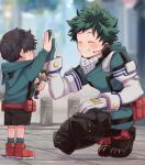  2boys arm_up artist_name belt_pouch black_footwear black_hair black_shorts blurry blurry_background blush boku_no_hero_academia boots child closed_eyes commentary cross-laced_footwear earpiece elbow_gloves facing_another figure fingernails freckles gloves green_hair green_jumpsuit green_legwear grin height_difference high_five highres holding hood hood_down hoodie jumpsuit knee_pads lace-up_boots long_sleeves male_focus mask mask_around_neck mask_removed microphone midoriya_izuku mouth_mask multiple_boys pouch red_footwear shoes short_hair shorts smile socks squatting twitter_username usshi_(usi_dada) white_gloves 