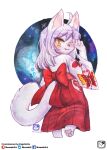 abstract_background absurd_res anthro asian_clothing biped canid canine chibi clothed clothing east_asian_clothing female fox fur hair hakama hi_res japanese_clothing long_hair looking_at_viewer looking_back mammal murazaki painting_(artwork) rear_view ribbons shrine_maiden simple_background smile solo tail_bow tail_ribbon traditional_media_(artwork) walking watercolor_(artwork) 