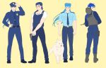  1other alternate_costume animal back belt blue_hair boots bulletproof_vest closed_mouth collared_shirt contemporary cu_chulainn_(fate)_(all) cu_chulainn_(fate/grand_order) cu_chulainn_(fate/prototype) cu_chulainn_alter_(fate/grand_order) dog earrings facepaint fate/grand_order fate/prototype fate/stay_night fate_(series) floating_hair from_behind full_body grin gun hand_on_hip handgun hat helmet highres holding holding_gun holding_weapon jewelry lancer legband long_hair long_sleeves looking_at_viewer looking_back male_focus multiple_views muscular muscular_male necktie one_eye_closed pants police police_badge police_dog police_hat police_uniform policeman ponytail red_eyes saku_(saksak1100) shirt short_sleeves simple_background skin_tight smile spiked_hair swat uniform weapon white_wolf wolf 