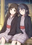  2girls adachi_sakura adachi_to_shimamura black_hair blurry blurry_background brown_eyes brown_hair closed_eyes hair_ornament hairclip hand_on_leg highres japanese_clothes kimono kumakumatc multiple_girls night night_sky outdoors shimamura_hougetsu sitting sky soaking_feet wide_sleeves 