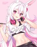  1girl :d animal_ear_fluff animal_ears black_shirt black_skirt braid breasts bunny_ears clothing_cutout colored_inner_hair crop_top crop_top_overhang headphones headphones_around_neck holding long_hair looking_at_viewer midriff multicolored_hair nami_(nyaa) navel off_shoulder open_mouth original pink_eyes pleated_skirt shirt short_sleeves shoulder_cutout skirt small_breasts smile solo star-shaped_pupils star_(symbol) stomach stylus symbol-shaped_pupils undershirt upper_body white_hair white_shirt 