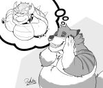  2021 anthro armband blush bowser canid canine collar dated daydream deadanthro duo eyebrows eyes_closed facial_piercing fire fox greyscale hair hands_on_cheeks horn koopa male mammal mario_bros monochrome muscular muscular_anthro muscular_male nintendo nose_piercing nose_ring overweight overweight_anthro overweight_male pecs piercing scalie shell signature simple_background skai smile spiked_armband spiked_collar spiked_shell spikes spikes_(anatomy) thought_bubble video_games white_background 
