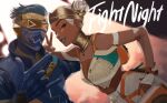  &gt;_&lt; 1boy 1girl 2gou \n/ apex_legends blue_hair blue_jacket breasts cleavage dark_skin dark_skinned_female earrings fingerless_gloves gloves goggles gold_earrings gold_headband hair_behind_ear hair_slicked_back hand_on_hip highres jacket jewelry lifeline_(apex_legends) lipstick makeup mask mouth_mask octane_(apex_legends) small_breasts v white_gloves white_hair 