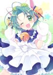  17ho_10ban ;d apron bangs bell blue_dress blue_neckwear bow bowtie dejiko di_gi_charat dress eyes_visible_through_hair gloves green_eyes green_hair hair_bell hair_ornament happy jingle_bell looking_at_viewer maid_apron neck_bell one_eye_closed open_mouth paw_gloves paws short_hair short_sleeves smile solo white_apron 