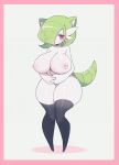  1girl absurdres alternate_color animal_ears areolae blush breasts clarevoir eyebrows_visible_through_hair gardevoir gen_1_pokemon gen_3_pokemon green_hair hair_over_one_eye highres interlocked_fingers large_breasts long_sleeves looking_at_viewer nipples nude open_mouth original pantyhose pokemon pussy red_eyes sandshrew short_hair simple_background skirt solo tail thick_thighs thighhighs thighs 