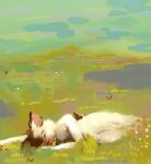  2021 anthro bovid brown_body brown_fur caprine colored curved_horn day digital_media_(artwork) eating eyes_closed flower fur grass grass_field grazing happy hi_res horn landscape lying male mammal moowool nude on_side pink_nose plant pompsadoodle sheep smile solo stylized white_body white_fur wool_(fur) 
