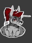  absurd_res anthro canid canine canis dire_wolf eyelashes fur grey_body grey_fur hair hi_res male male/male mammal ponytail red_eyes red_hair smile solo tattoo ziio_martukon 