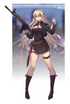  1girl absurdres bangs battle_rifle belt black_footwear black_jacket blonde_hair boots breasts brown_belt character_name cleavage copyright_name cross cross_necklace eyebrows_visible_through_hair g3_(girls_frontline) girls_frontline gun h&amp;k_g3 hand_up highres holding holding_weapon jacket jewelry legs long_hair looking_at_viewer medium_breasts necklace purple_eyes rifle simple_background slmsxiaodu solo standing uniform weapon 
