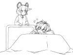  animal_ears blush_stickers closed_eyes commentary_request greyscale jitome kotatsu long_sleeves looking_at_another monochrome mouse_ears multicolored_hair nazrin open_mouth shirt short_hair simple_background smile streaked_hair sunatoshi table toramaru_shou touhou white_background 