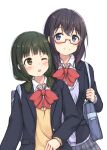  2girls ;o adachi_to_shimamura bag blue_eyes blush bookbag bow brown_eyes glasses green_hair grey_skirt highres hino_akira_(adashima) kumakumatc long_sleeves medium_hair multiple_girls nagafuji_taeko one_eye_closed red-framed_eyewear red_bow school_uniform simple_background skirt smile white_background yuri 