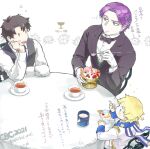  3boys alternate_costume alternate_hairstyle aves_plumbum9 blonde_hair blue_eyes blueberry chair coffee colored_skin commentary_request curly_hair eating fate/grand_order fate_(series) food formal fruit fujimaru_ritsuka_(male) gloves hand_on_own_cheek hand_on_own_face highres holy_grail_(fate) ice_cream long_sleeves looking_at_another mephistopheles_(fate) multicolored multicolored_eyes multiple_boys official_alternate_costume pointy_ears purple_eyes purple_hair scarf sitting strawberry suit table tablecloth thick_eyebrows tick_tock_bomb voyager_(fate) white_background white_gloves white_skin 