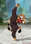  4_fingers 4_toes action_pose anthro barefoot butt clothed clothing detailed_background dreamworks feet felid female fingers fist fur hi_res kung_fu_panda landscape legwear lollipopcon mammal martial_arts master_tigress muscular muscular_female orange_body orange_fur pantherine patreon pawpads pose raised_leg shadow soles solo striped_body stripes text tiger toes topwear url 