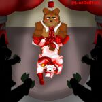  anthro armwear blood blush bodily_fluids brown_body brown_fur clothing dollhusky duo_focus five_nights_at_freddy&#039;s fnaf_bare_club_(version) fur group hat headgear headwear lusttobi male male/male male_stripper multicolored_body multicolored_fur necktie nedd_bear_(fnaf) nipples nosebleed red_body red_fur stage two_tone_body two_tone_fur video_games white_body white_fur 