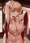  1girl armpits arms_up asato_mai azur_lane bangs bare_shoulders blonde_hair blue_eyes blush braid breasts chinese_clothes cleavage cleavage_cutout clothing_cutout collarbone commentary cowboy_shot crown_braid dress eyebrows_visible_through_hair floral_print flower glorious_(azur_lane) glorious_(pungent_plum)_(azur_lane) groin hair_between_eyes hair_flower hair_intakes hair_ornament hair_stick highres indoors kanzashi large_breasts looking_at_viewer navel o-ring official_alternate_costume open_clothes parted_lips red_dress solo stomach teeth tied_hair white_flower wide_sleeves 
