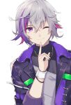 1boy ;) absurdres bangs black_jacket black_shirt commentary_request eyebrows_visible_through_hair fuwa_minato grey_hair hair_between_eyes hand_up highres index_finger_raised jacket looking_at_viewer male_focus multicolored_hair nijisanji one_eye_closed open_clothes open_jacket purple_eyes purple_hair red_hair shiino_sera shirt signature simple_background smile solo streaked_hair upper_body virtual_youtuber white_background 