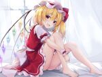  1girl :d bare_legs barefoot bed blonde_hair crystal curtains fang flandre_scarlet frills hair_between_eyes hat knees_up legs long_hair looking_at_viewer mob_cap on_bed one_side_up open_mouth puffy_short_sleeves puffy_sleeves red_eyes red_skirt ruhika short_hair short_sleeves side_ponytail sitting skirt smile solo touhou window wings wrist_cuffs 