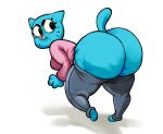  2021 anthro big_butt blue_body blue_fur butt cartoon_network clothed clothing domestic_cat felid feline felis female fur hi_res mammal mature_female nicole_watterson nondelismell pants_down partially_clothed simple_background solo the_amazing_world_of_gumball white_background 