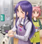  2girls :d ^_^ apron blush bowl closed_eyes closed_mouth cooking food green_shirt hinata_yukari holding holding_bowl indoors long_hair long_sleeves looking_at_viewer multiple_girls nonohara_yuzuko onigiri open_mouth pink_hair purple_eyes purple_hair rice_cooker shirt smile spoon striped striped_shirt taka_(takahirokun) tissue_box tray yellow_apron yuyushiki 