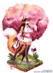 absurd_res anthro big_breasts biped bottomwear breasts canid canine clothed clothing crop_top detailed_background digitigrade female fox fur hair hi_res legwear mammal midriff murazaki navel outside painting_(artwork) plant shirt skirt smile solo thigh_highs topwear traditional_media_(artwork) tree watercolor_(artwork) 
