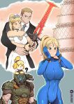  1boy 2girls ? animal_crossing artist_name blonde_hair blue_bodysuit blush bodysuit breasts bridal_veil bride carrying choker cleavage crossover crucible_(doom) doom_(series) doom_eternal doomguy dress energy_sword facebook_username green_eyes groom hetero highres holding holding_sword holding_weapon hug hug_from_behind husband_and_wife imagining isabelle_(animal_crossing) jewelry large_breasts metroid mole mole_under_eye multiple_crossover multiple_girls ponytail ring samus_aran scar shoulder_cannon shoulder_carry skin_tight solarius super_smash_bros. sword tiara veil weapon wedding wedding_band wedding_cake wedding_dress zero_suit zweihander 