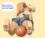  2021 3_toes anthro armwear basketball big_butt blonde_hair blue_bottomwear blue_clothing blue_eyes blue_gloves blue_shirt blue_shorts blue_tank_top blue_topwear bottomwear brown_nose brown_pawpads butt camel_toe clothing dialogue elbow_gloves english_text feet female floppy_ears fur gloves hair half-closed_eyes handwear hi_res lagomorph leporid lola_bunny looney_tunes lying mammal mr-shin narrowed_eyes on_front orange_body orange_fur pawpads pink_inner_ear presenting presenting_hindquarters rabbit rear_view red_bottomwear red_clothing red_shirt red_shorts red_tank_top red_topwear shirt short_tail shorts simple_background smile smirk solo speech_bubble tan_body tan_fur tank_top text thick_thighs tight_clothing toes topwear warner_brothers yellow_background 