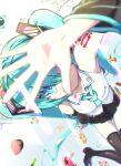  1girl absurdly_long_hair absurdres aimaina aqua_eyes aqua_hair aqua_neckwear arm_up bare_shoulders black_legwear black_skirt black_sleeves blurry blurry_background blurry_foreground bone boots bracelet covering_face crown depth_of_field detached_sleeves foreshortening from_above hair_ornament hat hatsune_miku heart hello_planet_(vocaloid) high_heels highres jewelry koi_wa_sensou_(vocaloid) krr316 legs_together long_hair looking_at_viewer megaphone military_hat miniskirt necktie one_eye_closed pink_headwear pleated_skirt see-through_legwear senbon-zakura_(vocaloid) shading_eyes shirt shoulder_tattoo sitting skirt sleeveless sleeveless_shirt smile song_request star_(symbol) tattoo thigh_boots thighhighs twintails very_long_hair vocaloid white_shirt zettai_ryouiki 