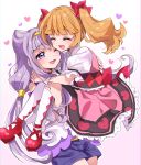  2girls ;d aisaki_emiru argyle argyle_legwear bangs blonde_hair blouse blunt_bangs blush bow carrying closed_eyes cowboy_shot dress eru gradient gradient_background hair_bow hair_bun hair_cones heart heart_print hugtto!_precure long_hair multiple_girls one_eye_closed open_mouth pantyhose pink_background pink_dress precure princess_carry print_dress purple_eyes purple_hair purple_shorts red_bow red_footwear ruru_amour shoes shorts smile twintails white_background white_blouse white_legwear 