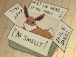  2020 4:3 ambiguous_gender boke_(artist) box brown_body directional_arrow eevee english_text feral looking_up meme nintendo pok&eacute;mon pok&eacute;mon_(species) solo text video_games wooden_floor 