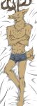  2021 absurd_res anthro antlers beastars bird&#039;s-eye_view boxer_briefs brown_body brown_fur bulge cervid cervine clothed clothing crossed_arms dakimakura_design ear_wiggle eyewear fluffy full-length_portrait fur glasses hi_res high-angle_view horn lilaclayla looking_at_viewer male mammal mature_male oguma_(beastars) pince-nez portrait red_deer solo tailwag topless underwear underwear_only 