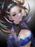  1girl akali black_hair blonde_hair blue_eyes breasts cleavage closed_mouth english_text eyeshadow k/da_(league_of_legends) k/da_akali league_of_legends long_hair looking_at_viewer makeup multicolored multicolored_hair ponytail smile solo tc_(pixiv54167329) upper_body zipper zipper_pull_tab 